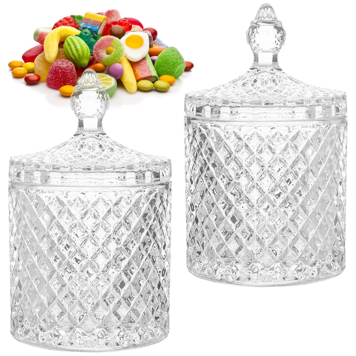 AMJKEJI 2 Pcs Cotton Bud Holder Organizer Home Decor Clear Glass Storage Jars with Lid Sweet Jars Bathroom Accessory Makeup Vanity Cotton Balls Wool