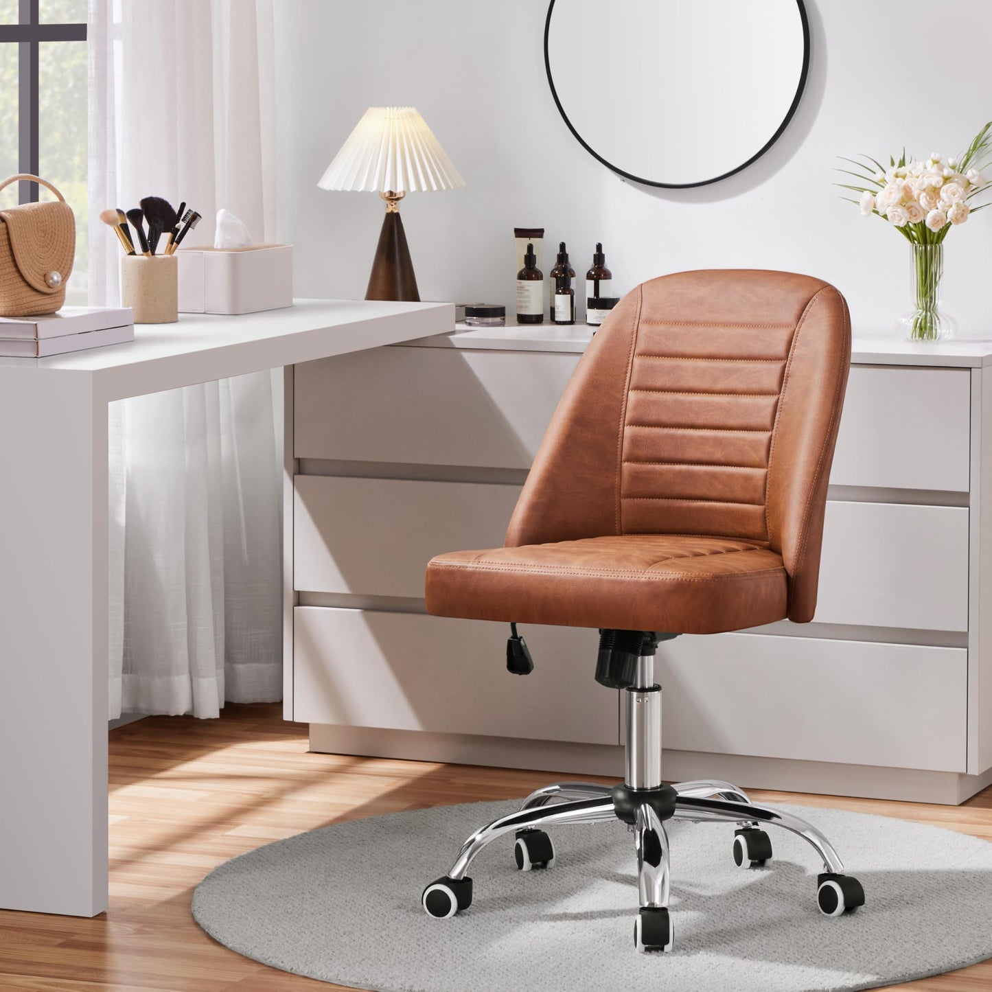 Yaheetech Armless Faux Leather Office Chair Swivel Back Support Retro Brown