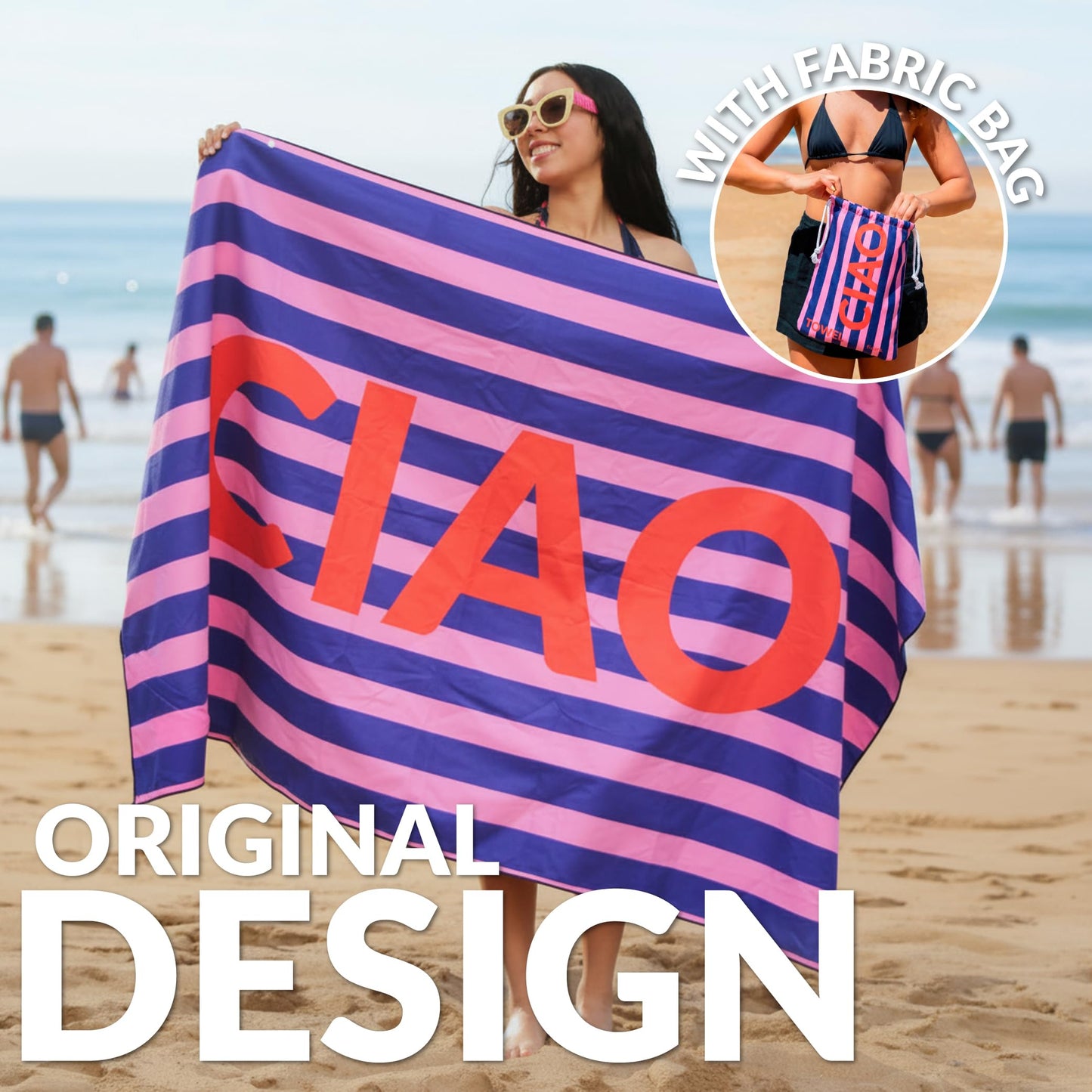 Fisura - Large Microfibre Beach Towel Blue & Pink Striped “Ciao” – Quick Dry, Sand Free & Lightweight – Travel, Pool, Camping & Picnic