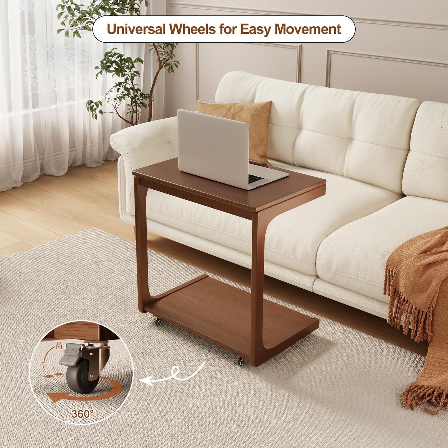 AQIMUELE Wooden C-Shaped End Table,Couch Table with Adjustable Desktop,Small Rolling Side Table with 2 Lockable Wheels 60 Width,Small End Table for