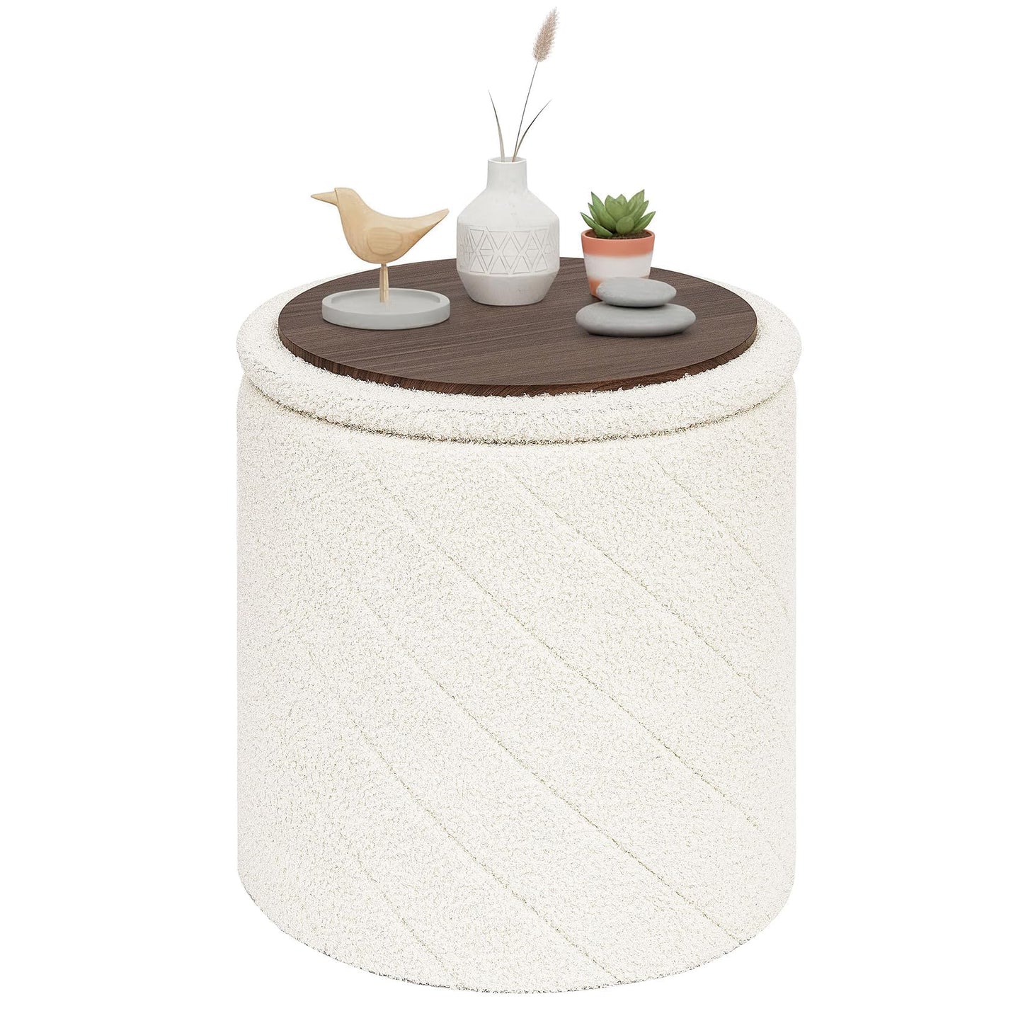 PINPLUS Round Ottoman Storage Box, Folding Stool, White, 43x43x45 cm