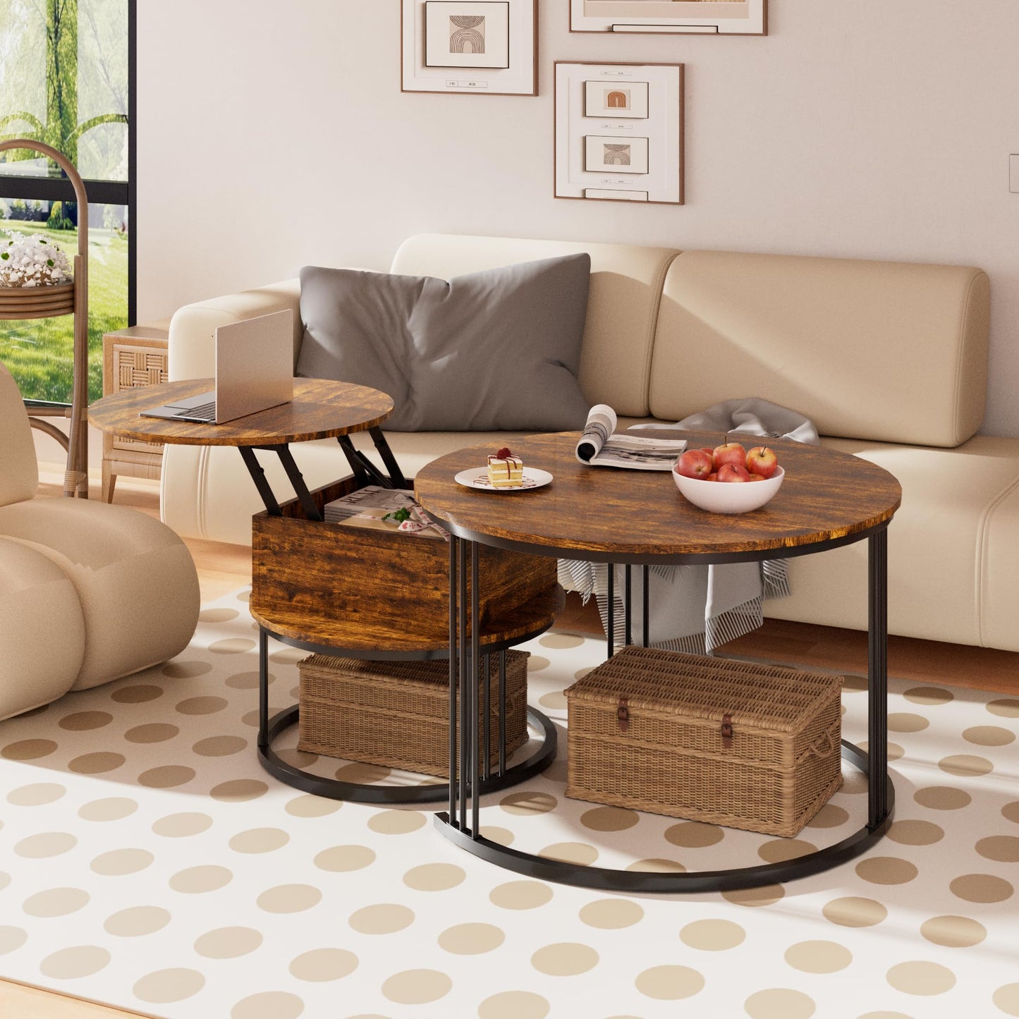 PURFINO Round Coffee Table - 70cm/50cm Nesting Tables Set of 2, Hydraulic Lift-Top with Hidden Storage, Centre Table for Living Room, Small Space