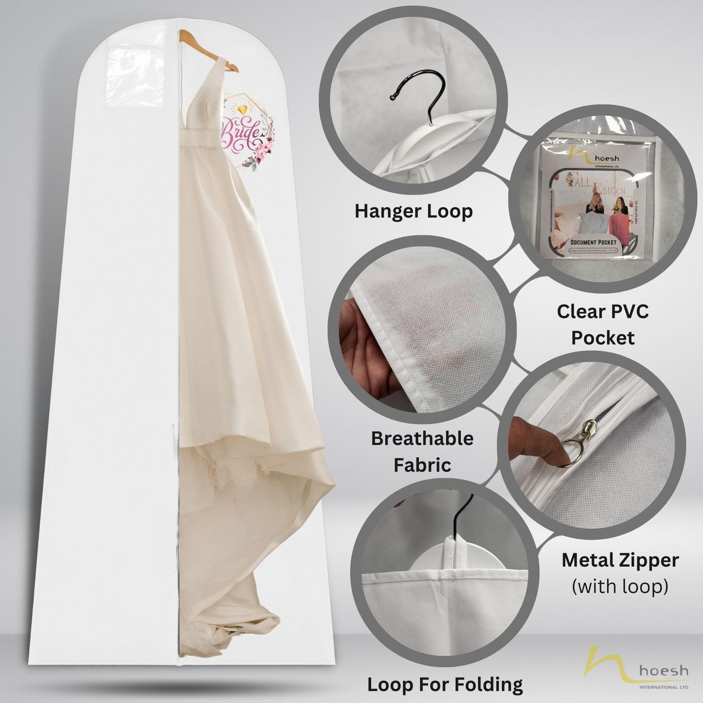 Hoesh UK Bridal Gown Garment Bag - Printed Wedding Dress Bag | Long Dress Covers for Bride & Bridesmaids