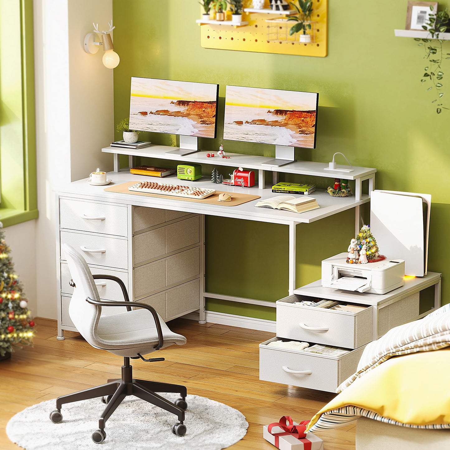 Flrrtenv 128cm Desk with Fabric File Cabinet, Computer Desk with Shelves and Drawers, Writing Table with Monitor Stand