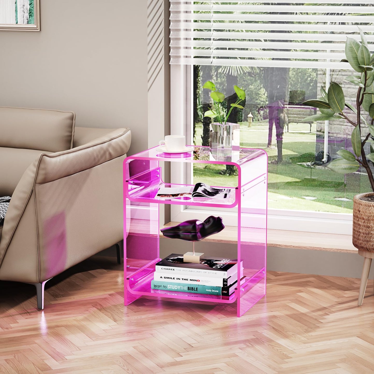 Acrylic End Table with Storage Shelf, Clear Side Table, Record Player Table, Nightstand, 15.7x19.7x11.8 (Pink, 40×30×50 cm)
