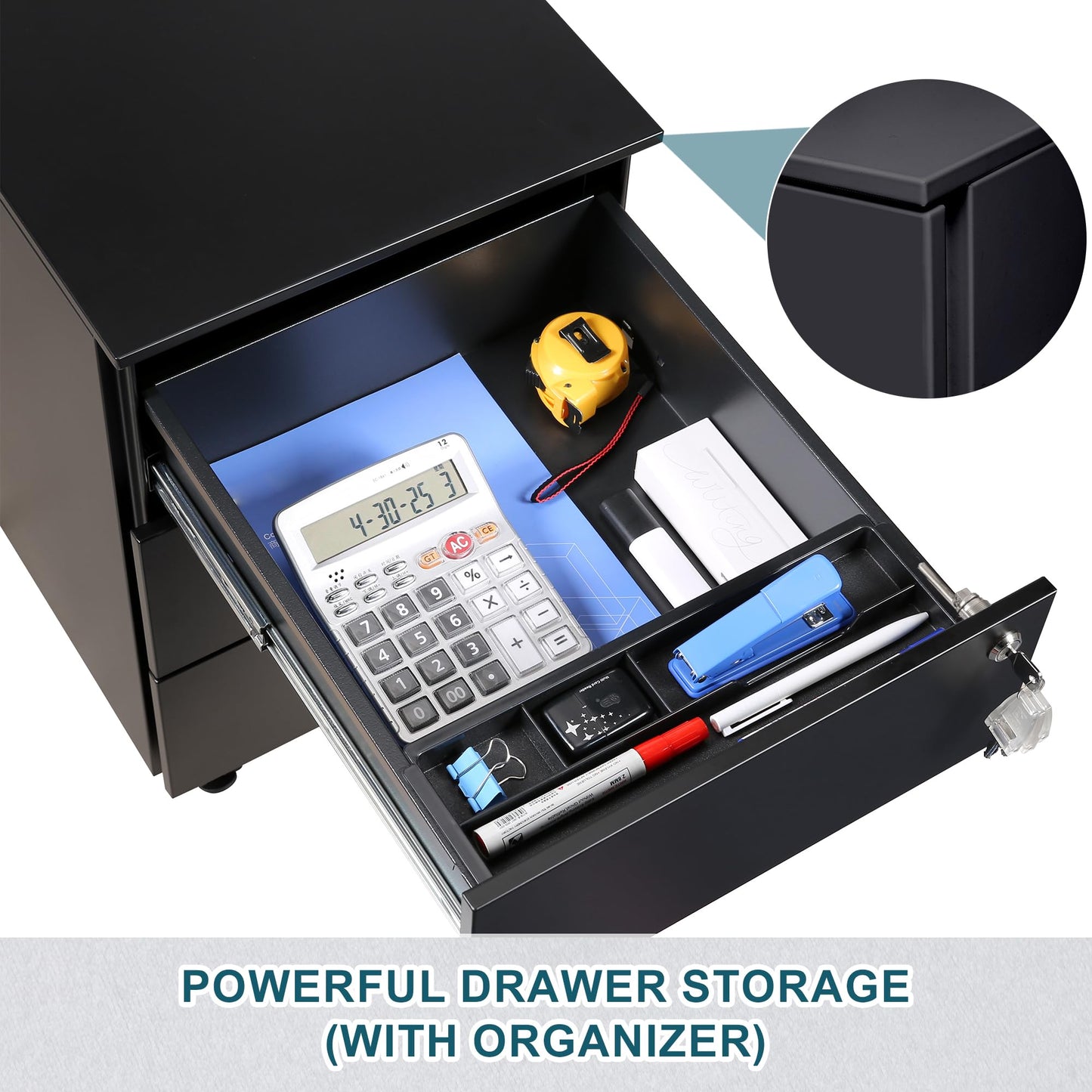 LVSTEEL 3-Drawer Mobile Filing Cabinet with Lock, Steel Office File Cabinet on Wheels, Under Desk Metal Cabinet, Fully Assembled, Black, 37x44x54cm