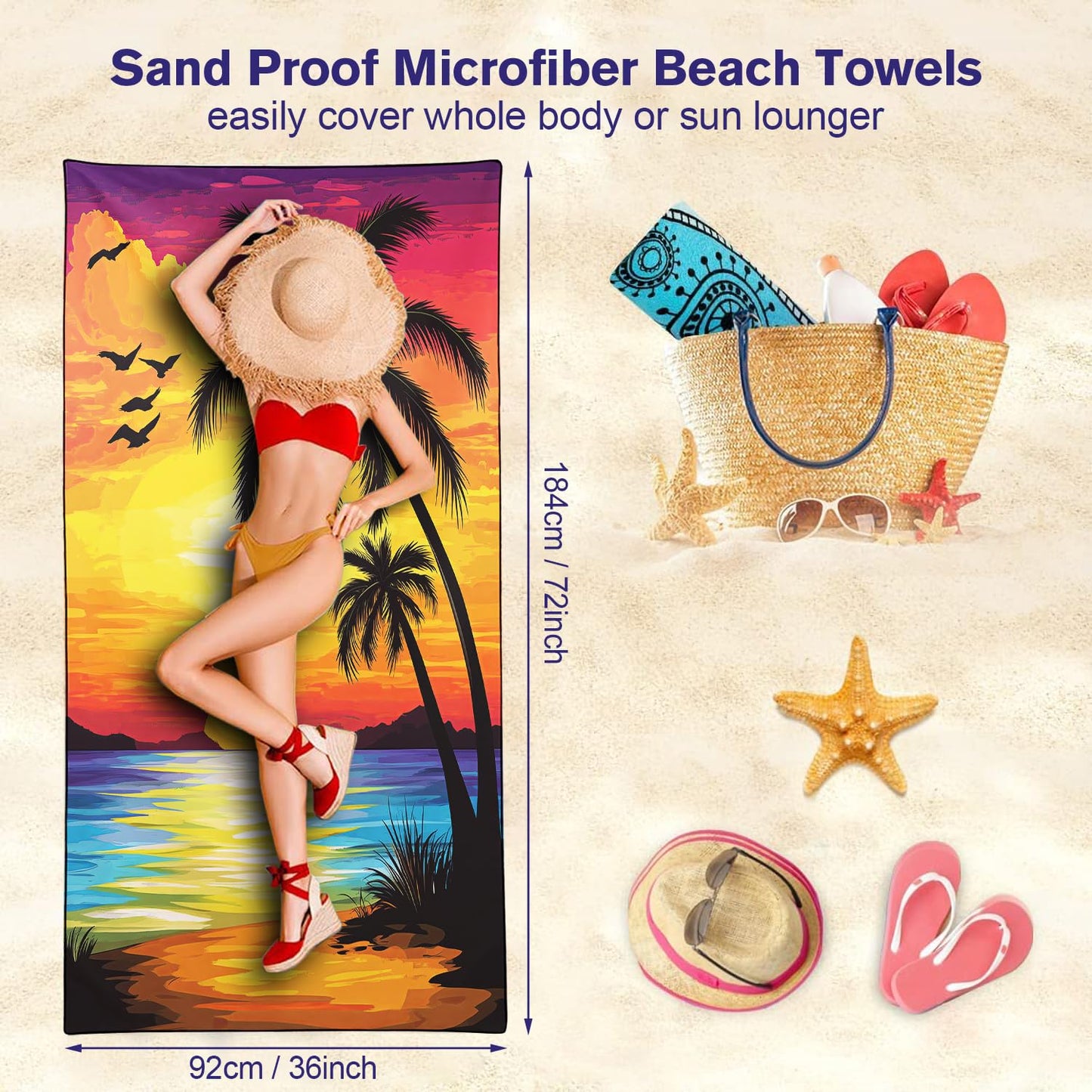 YISUMEI Sunset Coconut Tree Beach Towels for Adults Extra Large 180 x 90 cm, Microfibre Lightweight Quick Dry Towel for Swimming Pool Cruise Travel