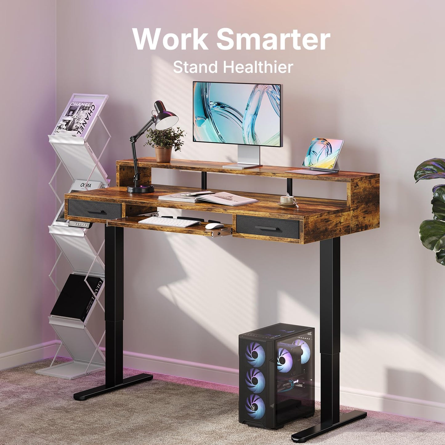 HUANUO 140 x 66cm Standing Desk with Drawers & 64cm Large Keyboard Tray, Electric Standing Desk with 4 Memory Height Settings for Home Office