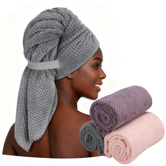HAPPY FINDING 3PCS Large Hair Turban Wrap for Women Microfibre Hair Towels Fast Drying Turbans for Long, Thick, Curly Hair(40 * 24 Inch)