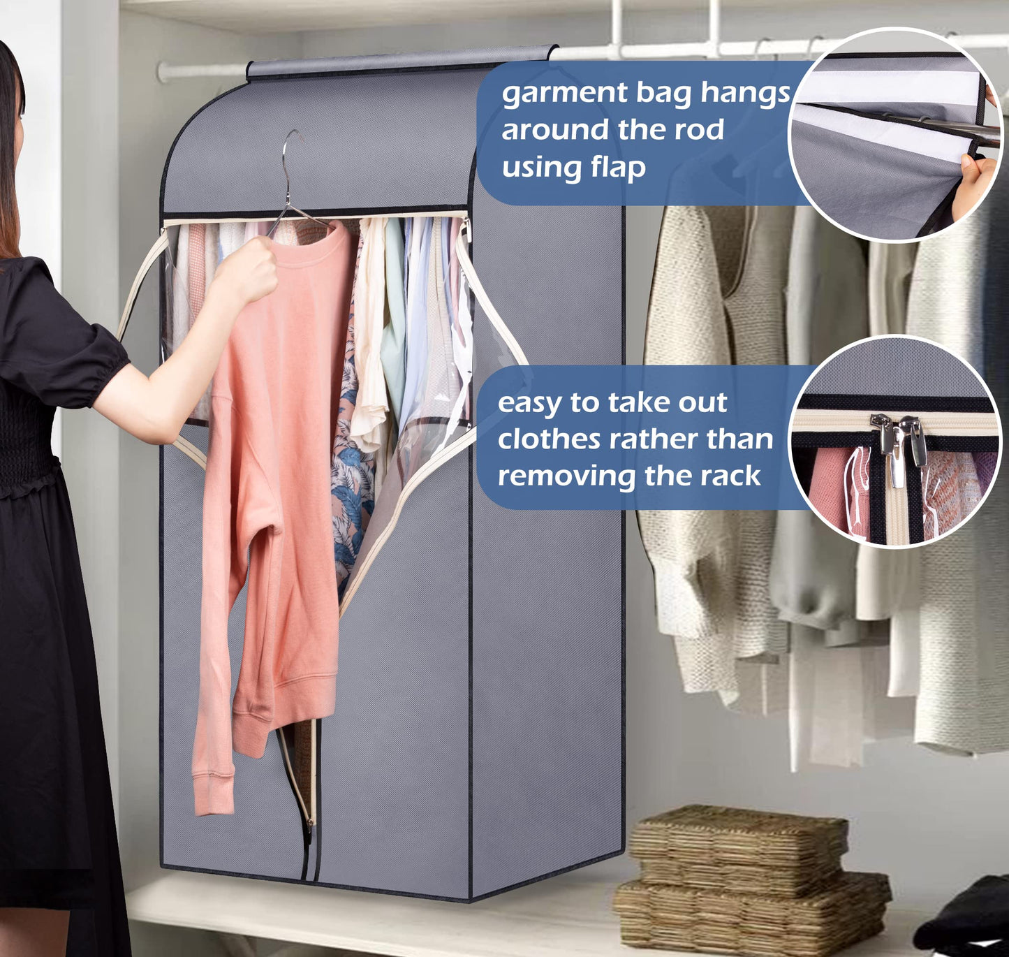 SLEEPING LAMB 2 Pack 54" Hanging Clothes Bags for Storage Long Dresses Fully Sealed for Clothes Jackets Coats Suits with Clear PVC Window