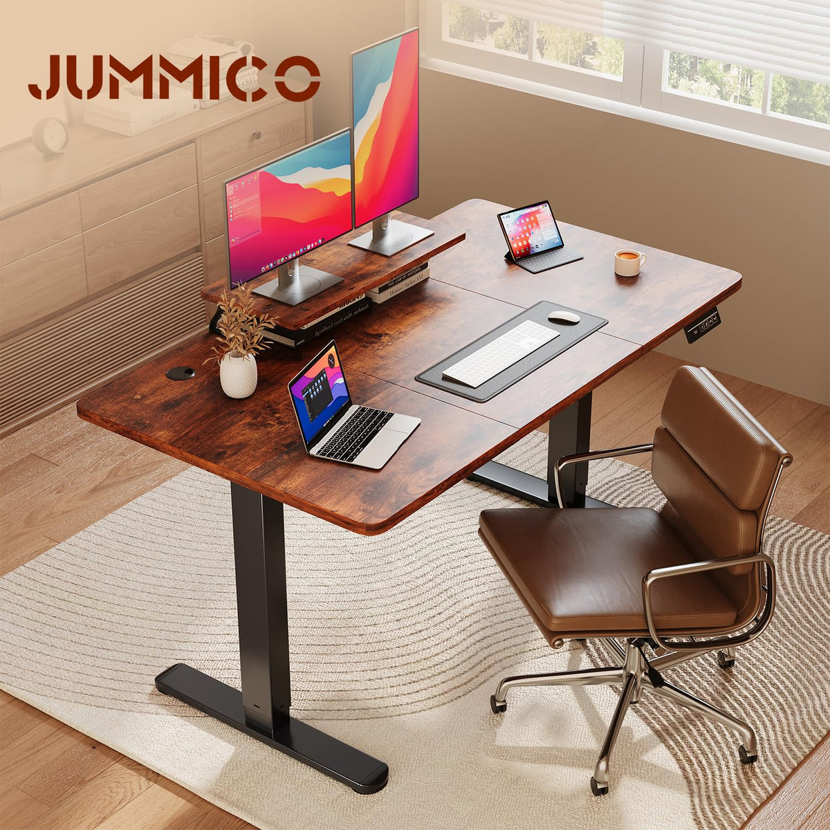 JUMMICO Electric Standing Desk with Monitor Stand, 140x60cm Height Adjustable Desk, Office Table with 2 Memory Smart Pannel,Rustic Brown