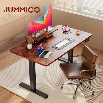 JUMMICO Electric Standing Desk with Monitor Stand, 140x60cm Height Adjustable Desk, Office Table with 2 Memory Smart Pannel,Rustic Brown