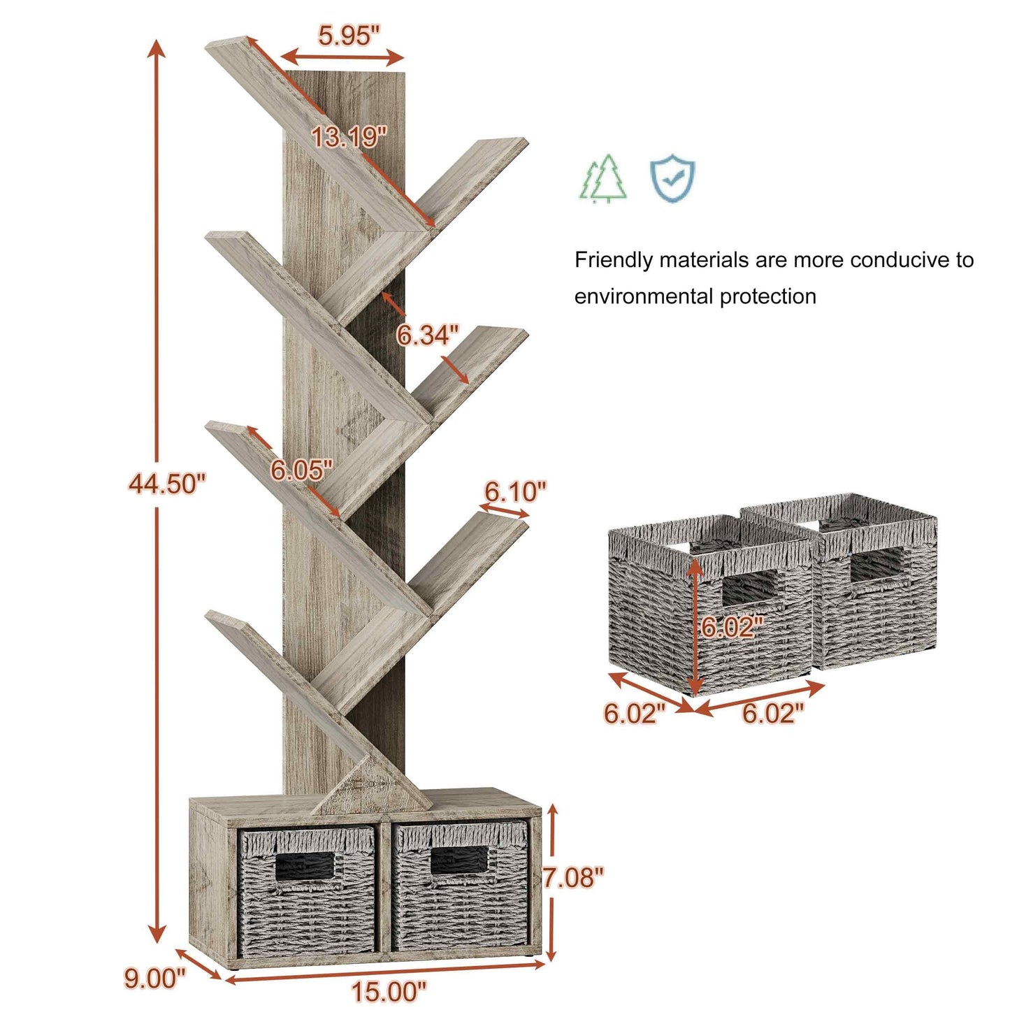 Vagusicc 6 Tier Tree Bookshelf with 2 Storage Baskets, Tall Display Shelf Organizer for Books, Magazines, Home Decor