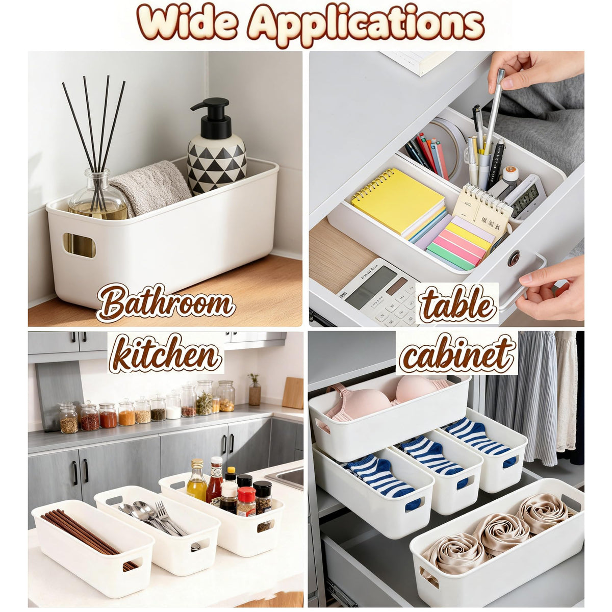 10 Pack Narrow Storage Baskets with Handles, Small Plastic Storage Boxes for Kitchen Cupboard, Bathroom Shelf Organiser Bins