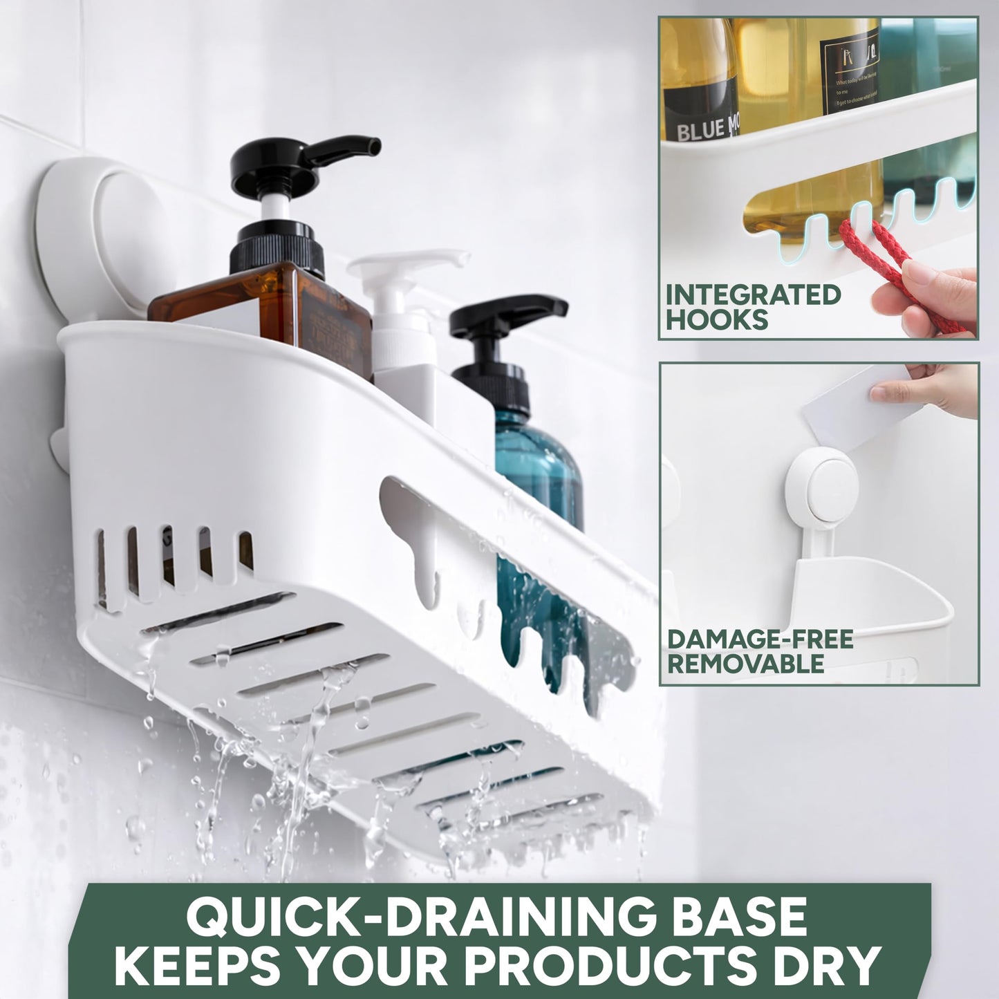 Zuvo Shower Caddy with Suction Cups, No Drill Bathroom Shelf, White