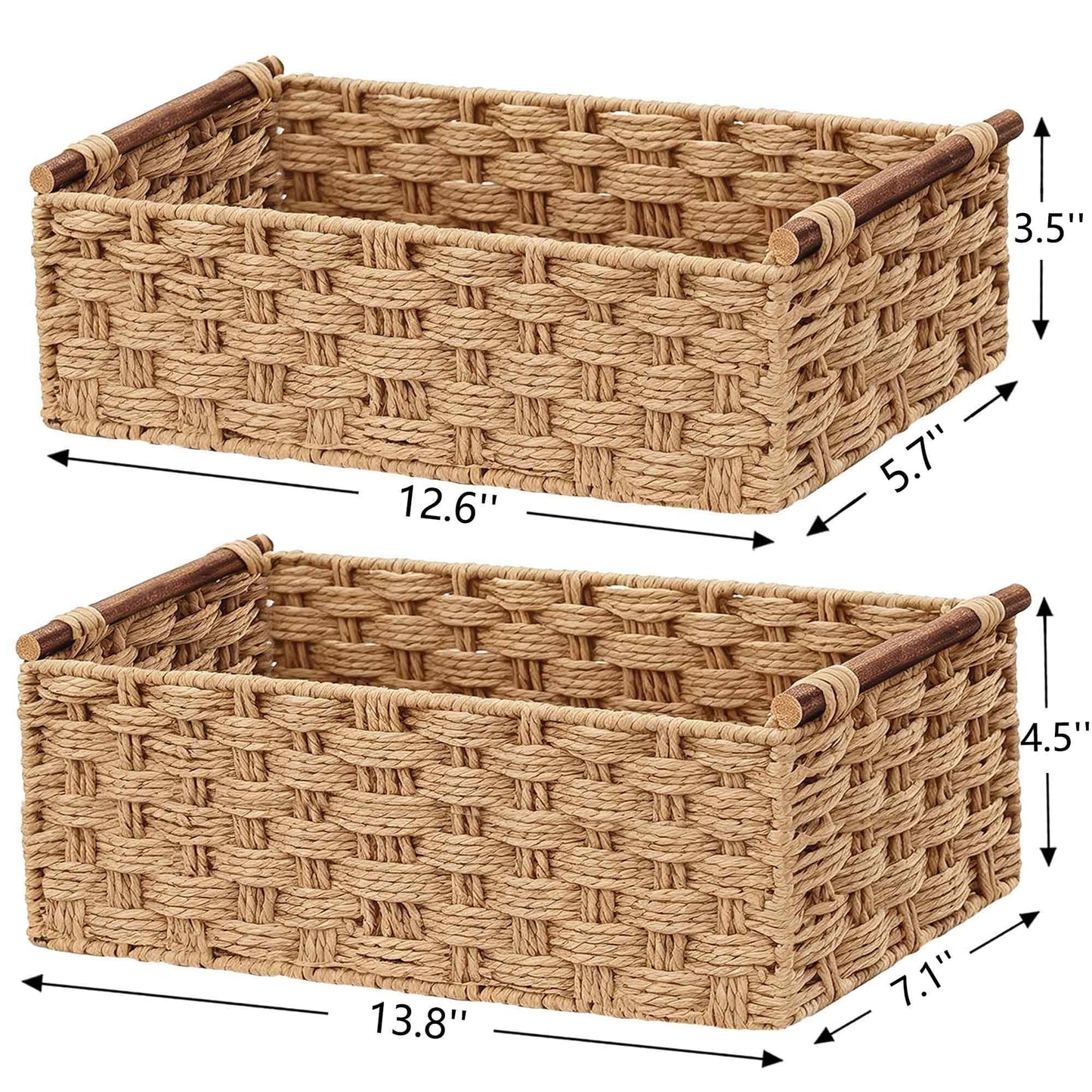 Vagusicc Wicker Storage Basket with Handle, Set of 2 Handwoven Paper Rope Storage Basket for Shelves
