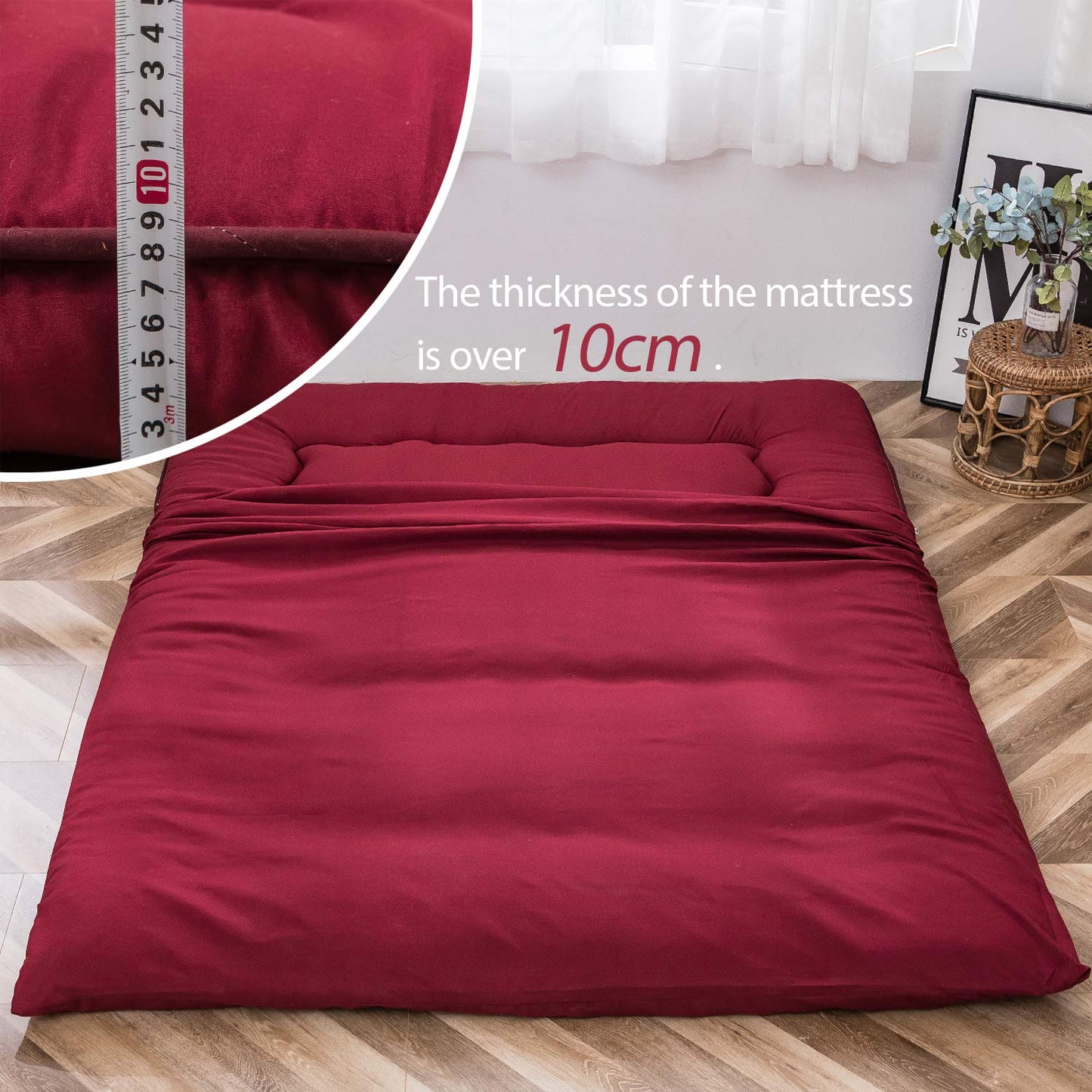 MAXYOYO Japanese Floor Futon Mattress, Thicken Tatami Sleeping Pad Foldable Roll Up Dormitory Mat Pad Floor Lounger Pillow Bed (Burgundy,Single)