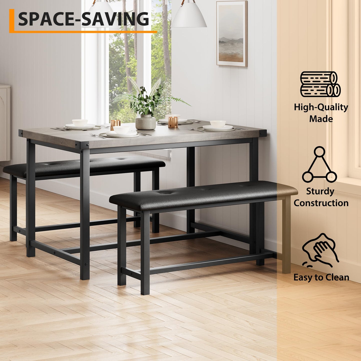 GarveeHome Dining Table with 2 Benches, 3 Piece Kitchen Table Set, Space Saving Dining Room Furniture, Metal Frame