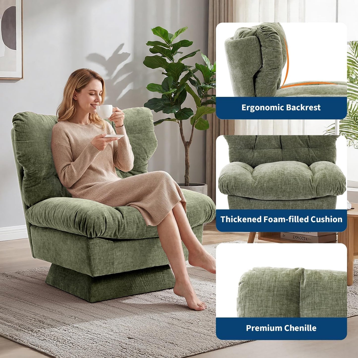 CuteHairy Oversized Swivel Accent Chair – Modern Chenille Cuddle Armchair with Plush Cushion & 360° Rotating Base, 136kg Capacity
