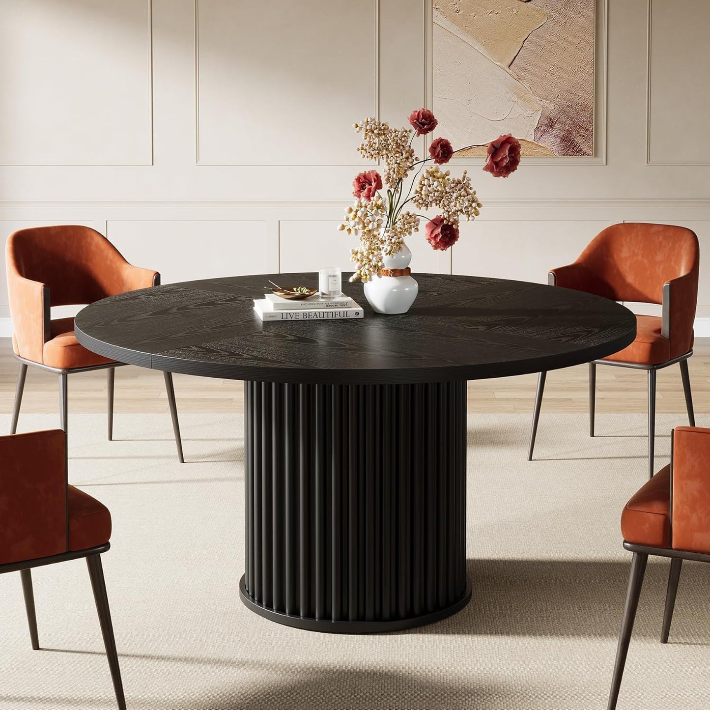 Tribesigns 47-Inch Black Round Dining Table for 4-6 People, Modern Circle Kitchen Table with Fluted Round Base