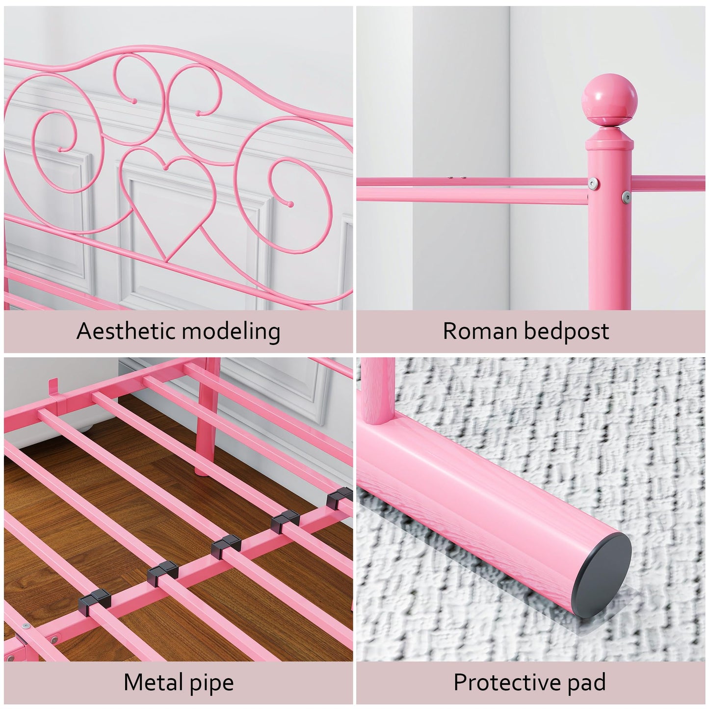 HAHRIR Double Canopy Bed Frame with Vintage Headboard & Footboard, Pink