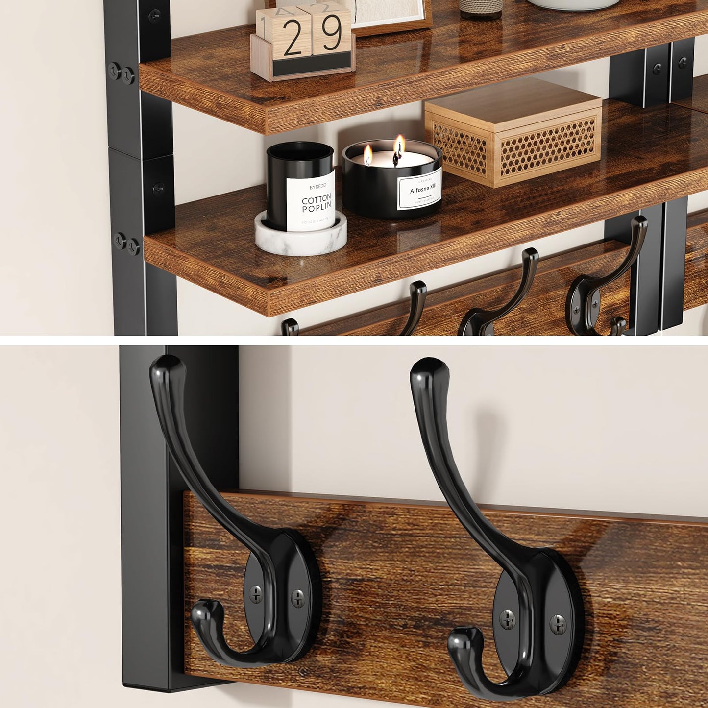 YMYNY 2-Tier Coat Hooks Wall Mounted with Shelf, Rustic Brown HWS009H-2