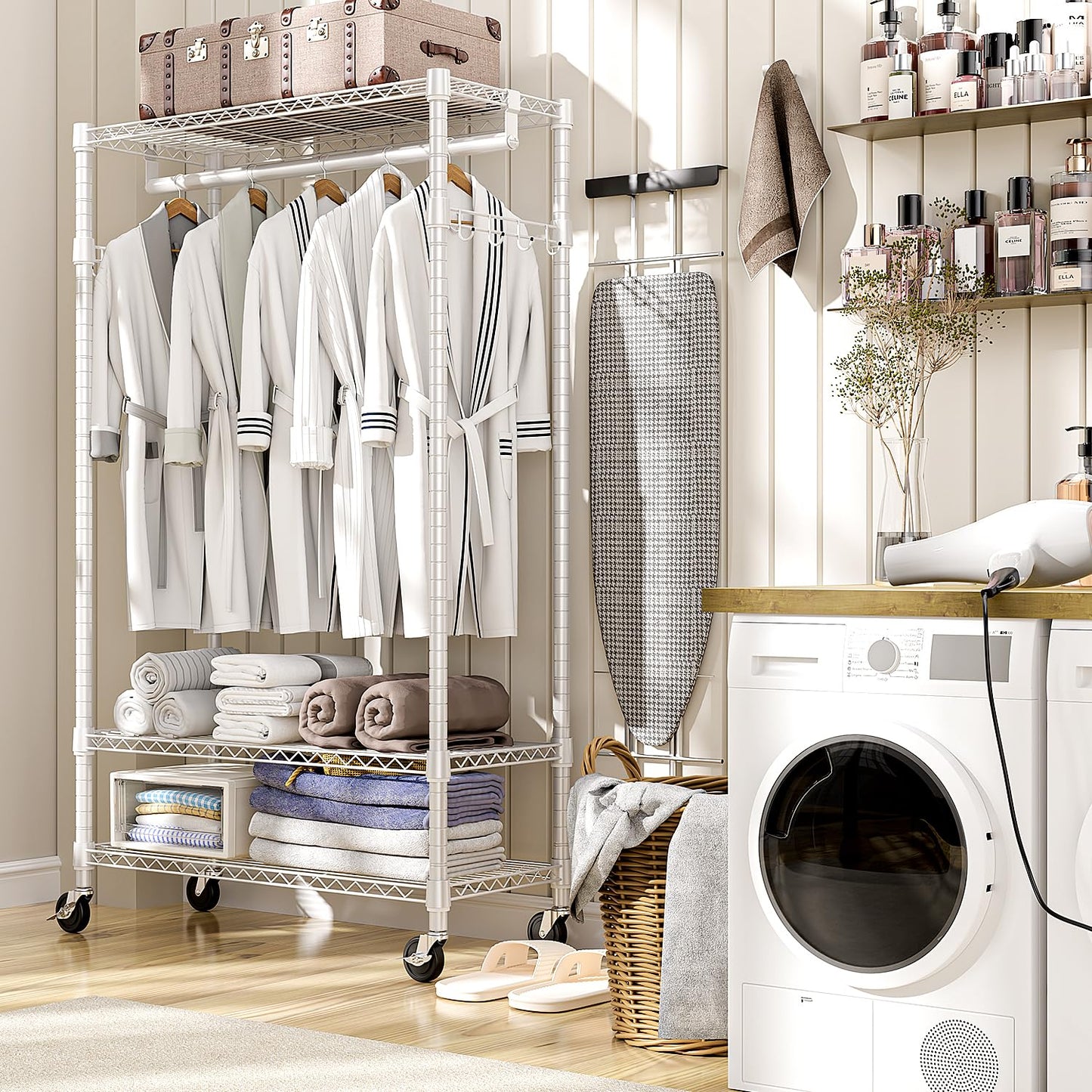M MZG Heavy Duty Rolling Garment Rack 3 Tiers Adjustable Wire Shelving Clothes Rack with Rods and Side Hooks,Storage Closet Clothing Rack with Wheels