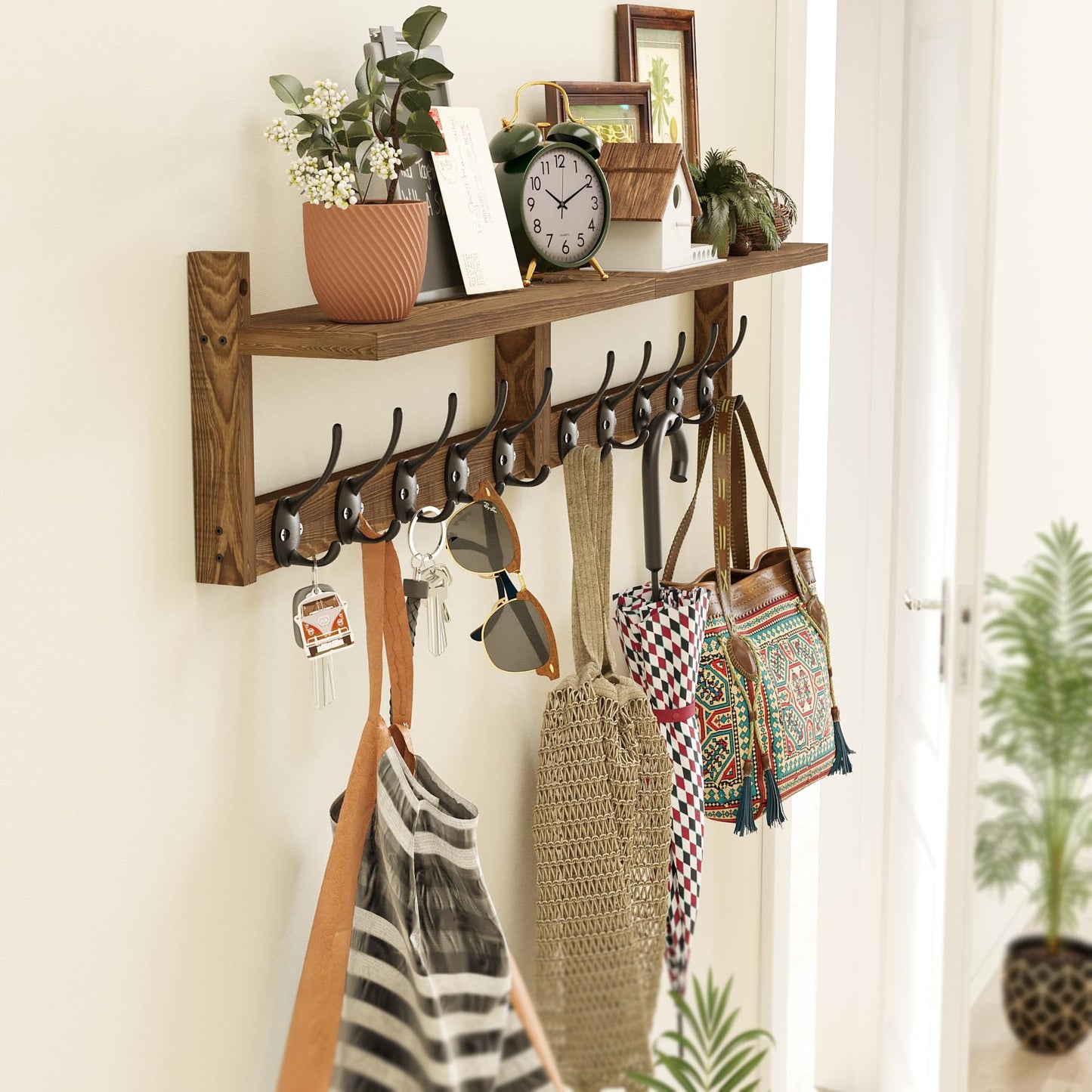 AMBIRD 87cm Wooden Extra-Long Wall Hook Rack with Shelf - Stylish and Versatile Wall-Mounted Storage Solution - 10 Hooks for Hanging Coats, Hats