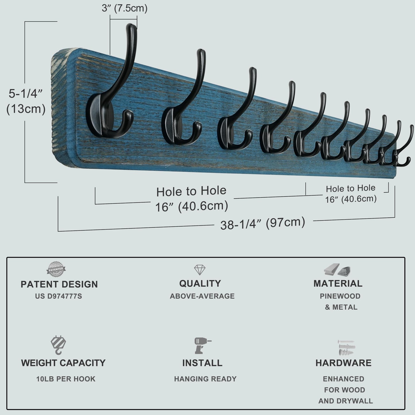 Dseap Coat Rack Wall: 97cm Long, Patented, Heavy-Duty, 10-Double-Hooks Wooden Wall Mounted Coat Rack Coat Hanger Hook Rail for Winter Coats Hat