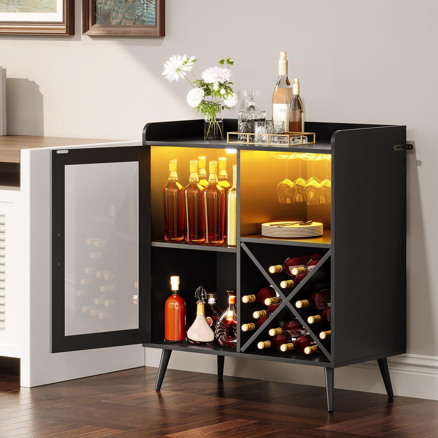 YITAHOME Small Bar Cabinet with LED Lights, Acrylic Door & Wine Rack, Coffee Bar with Cup Holders, Sideboard for Home Bar, Dining Room, Living Room