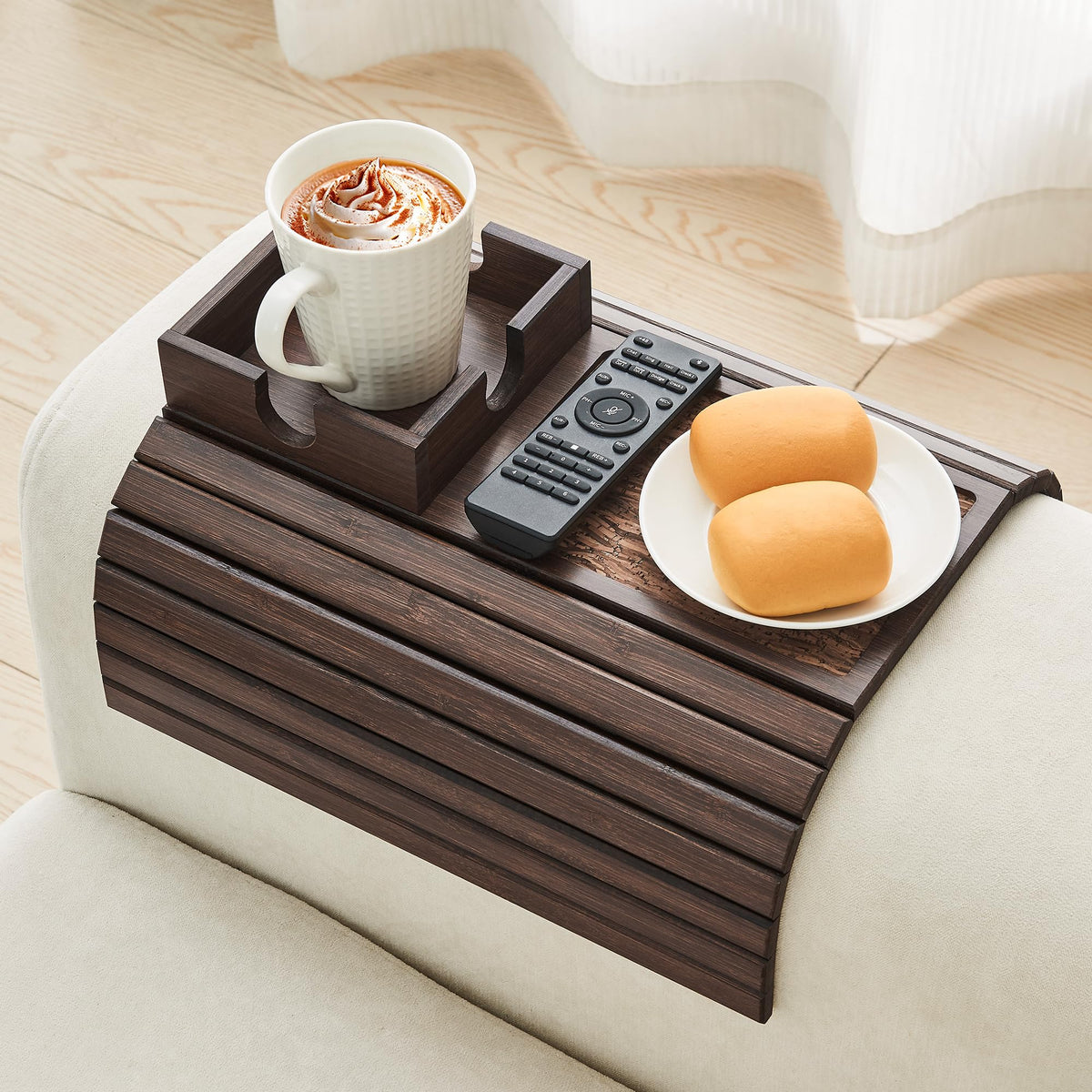LOVYANXUE Bamboo Sofa Arm Tray Table, Foldable Couch Cup Holder, Anti-Slip Wide Couch Arm Tray Aremrest Table for Drink, Cup, Remote, Snacks