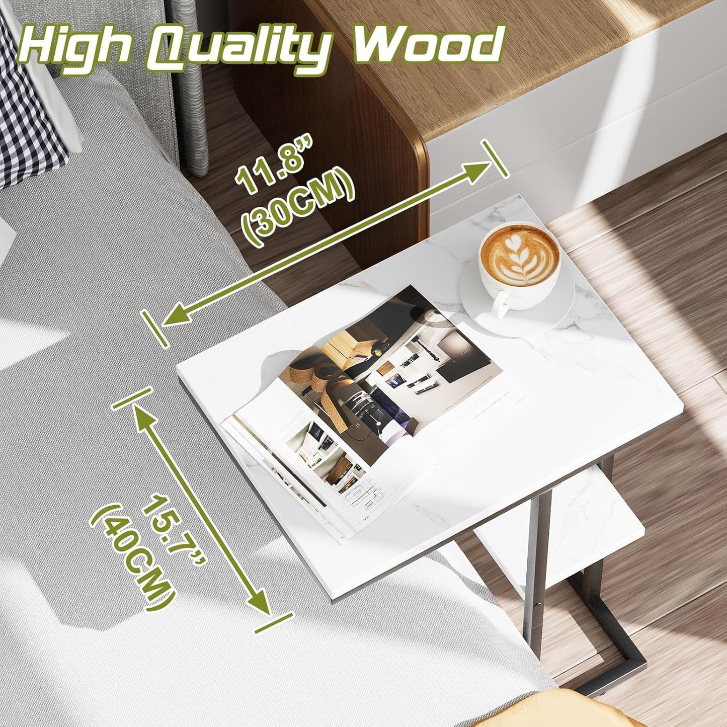 C Shaped End Table, Side Table, Sofa Table, Coffee Table Under Sofa, Small Couch Snack Tables, Bedside Tables with Metal Frame for Living Room