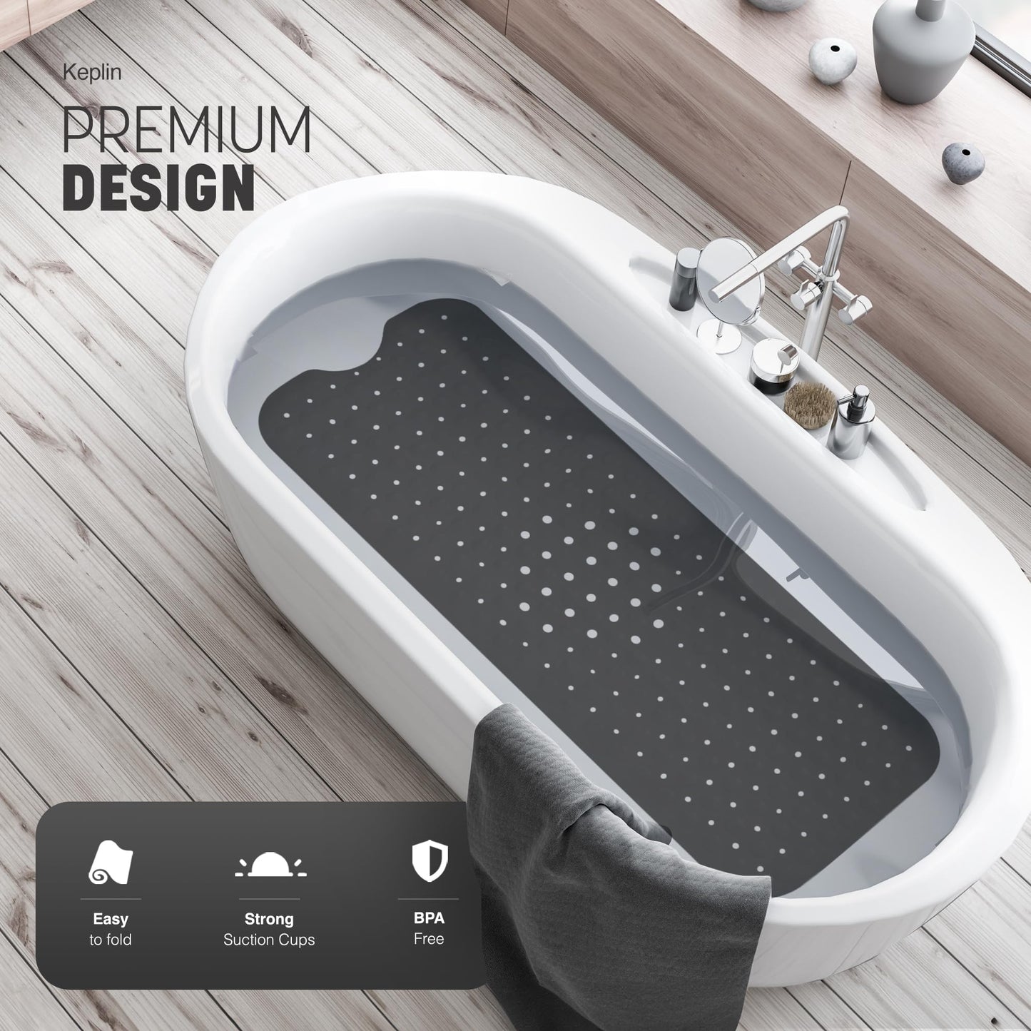 KEPLIN Premium Non-Slip Bath Mat - 200 Suction Cups, BPA, Latex Free, Mildew Resistant, Machine Washable - Safe