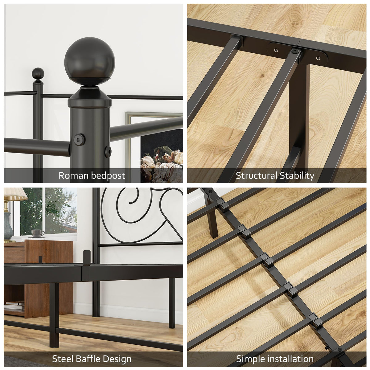 HAHRIR Double Canopy Bed Frame with Vintage Headboard & Footboard, Black