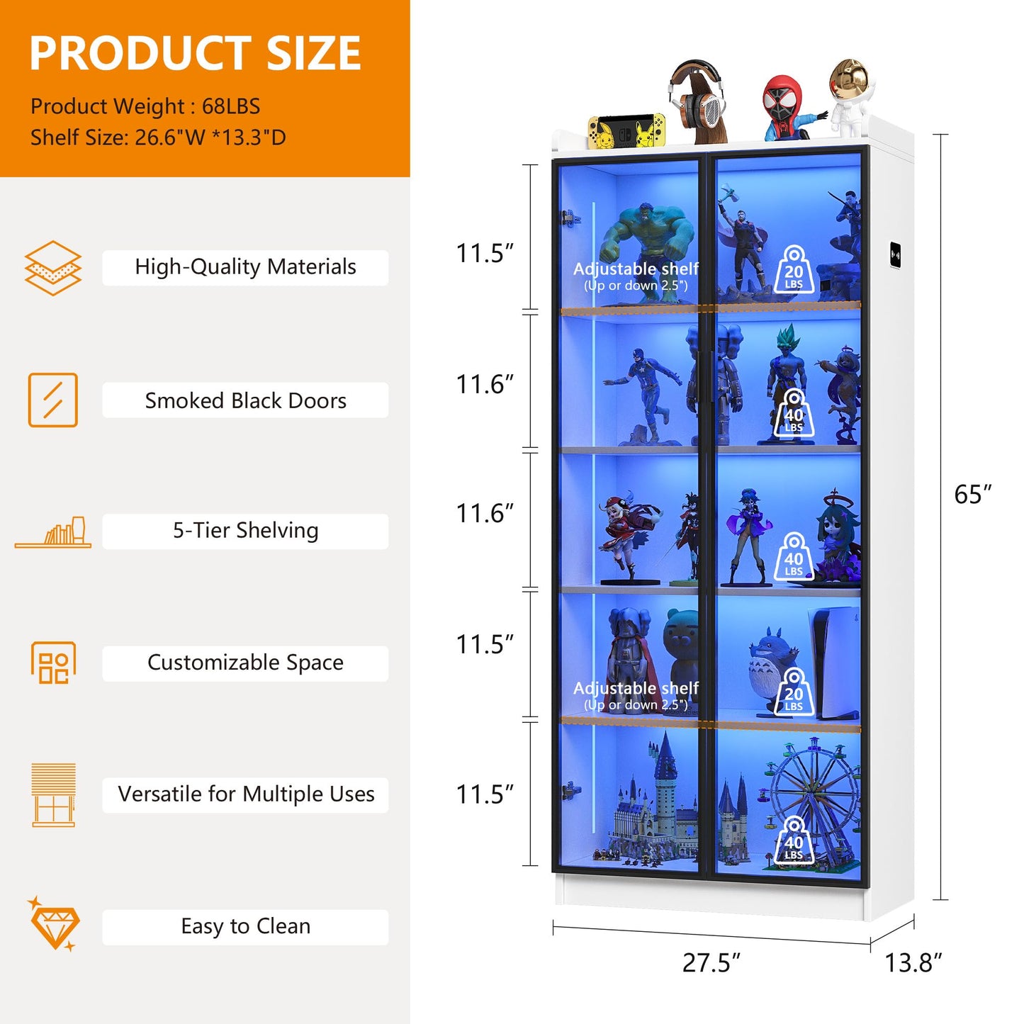 FREDEES LED Display Cabinet with 2 Doors and Adjustable Shelf, 165CM, White