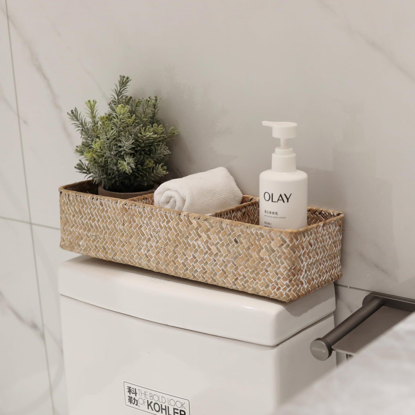 Seagrass Storage Basket with 3 Sections Woven Shelf Baskets for Organizing (Whitewash, 37cm x 12cm x 8cm)