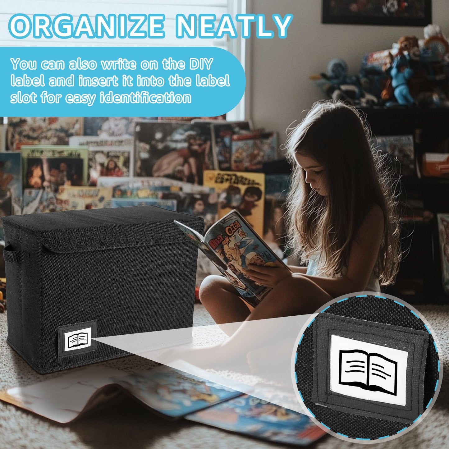 Jokapy Comic Book Storage Box with Lid 15.74x7.87x11.8 inch Foldable Storage Basket with Handles Label Slot Comic Book Organizer Boxes Storage