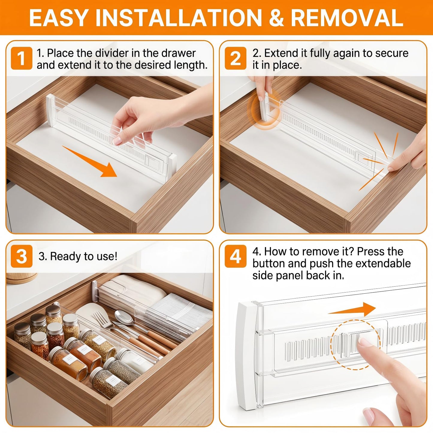 8 Pack Kitchen Drawer Dividers for Clothes, Adjustable Draw Dividers(30-52cm), Clothes Drawer Organisers for Kitchen, Bedroom, Desk, Dresser