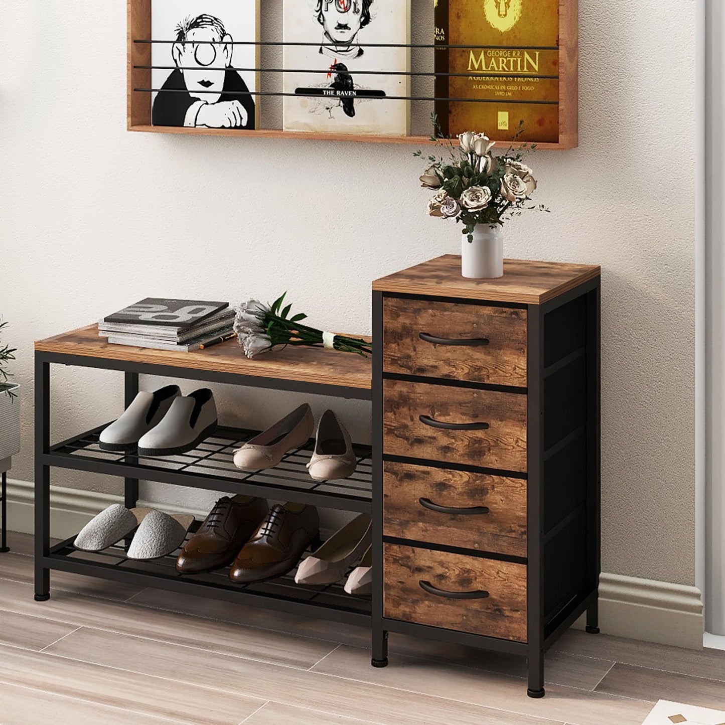 Welfuturer 3-Tier Shoe Storage Bench with 4 Fabric Drawers and Seat, Industrial Shoe Rack Cabinet with Shoe Shelf Storage for Hallway, Entryway