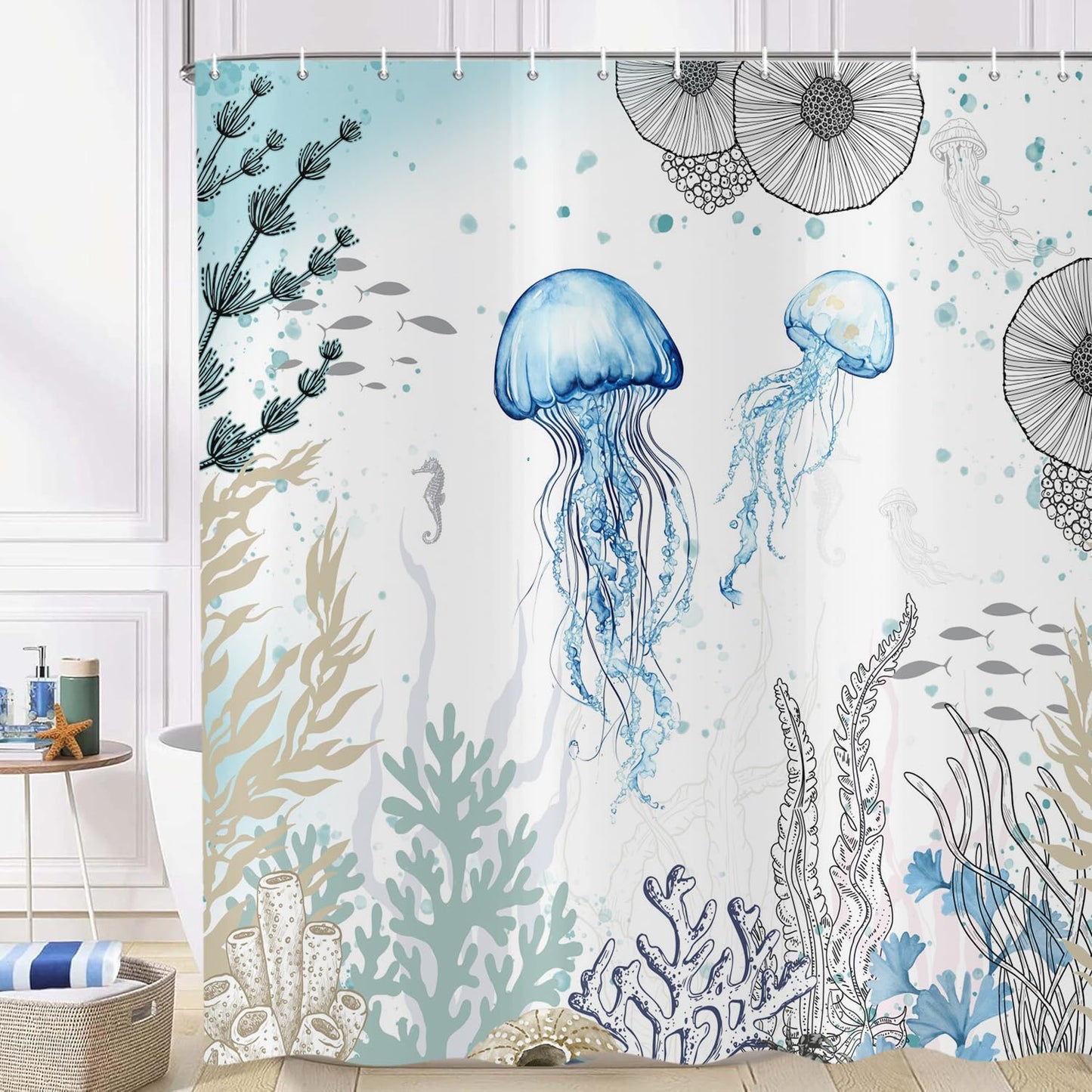 ASDCXZ Jellyfish Shower Curtain 180x200 cm, Watercolor Jellyfish Underwater Coral Summer Ocean Nautical Waterproof Bath Curtain Polyester Textile