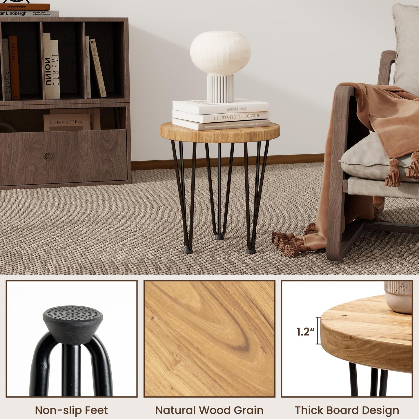 Fun Memories Round Coffee Table - Elm Wood Nesting Table with Metal Legs & Non Slip Feet Base - Rustic Nesting End Tables for Living Room Bedroom