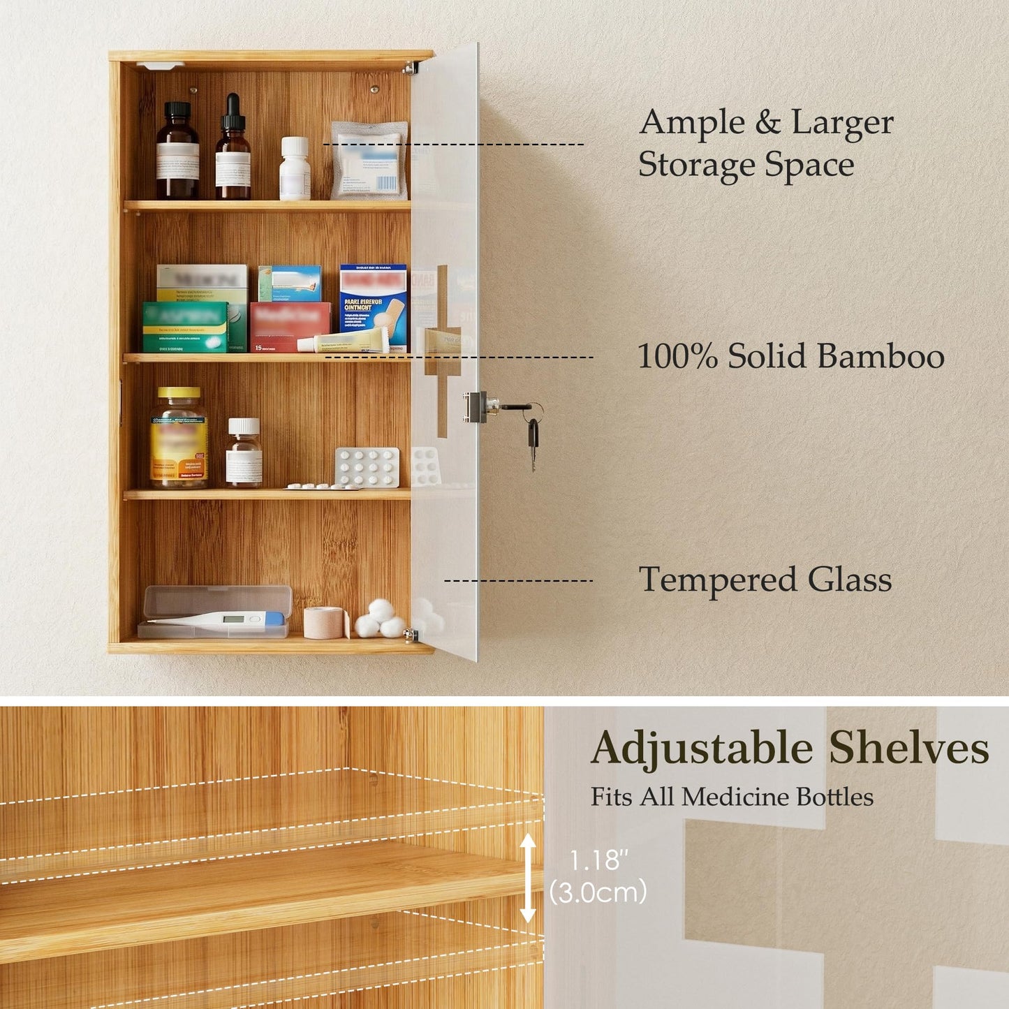 HEYZOEY Bamboo Medicine Cabinet with Lock, Wall Mounted Bathroom Storage Cabinet, Wooden Medicine Organiser for First Aid & Medicine Storage