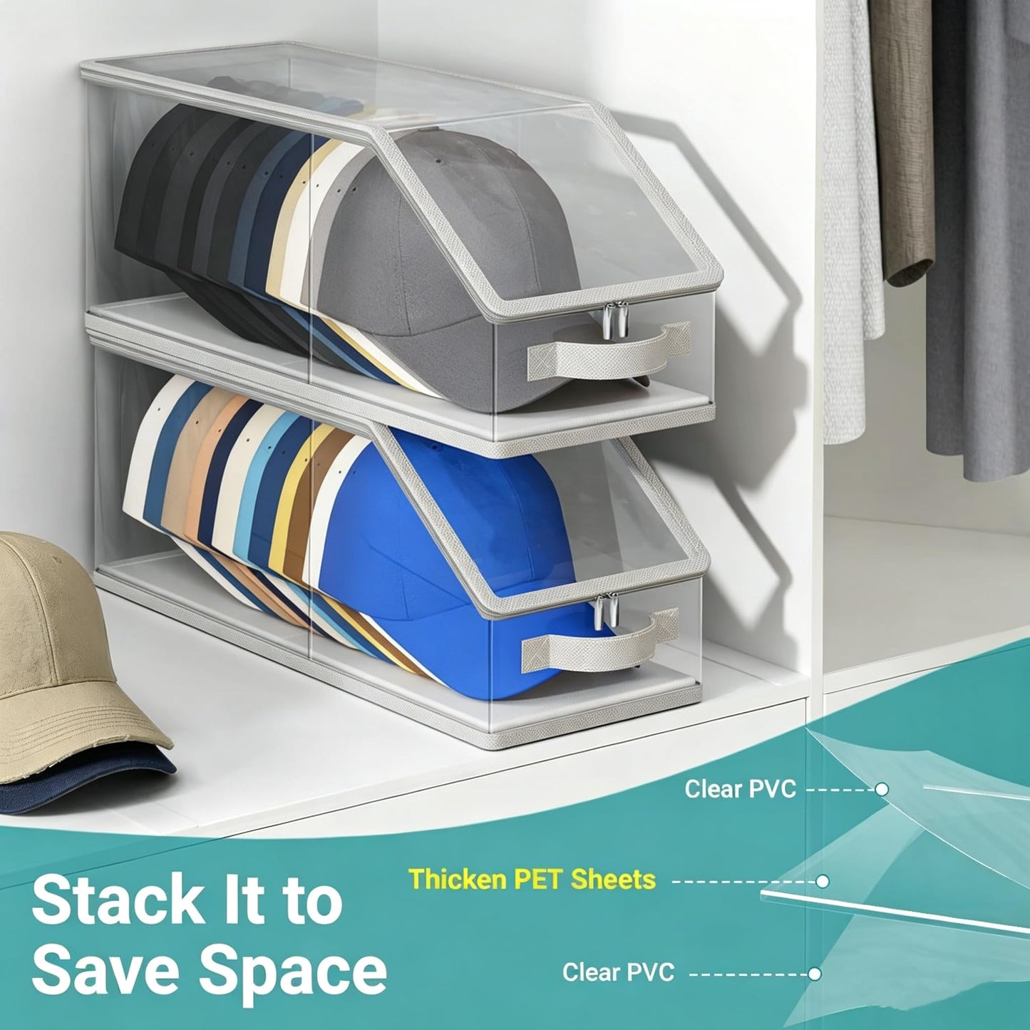 Monqueen Clear Baseball Cap Organizer Stackable Hat Box with Front Handle