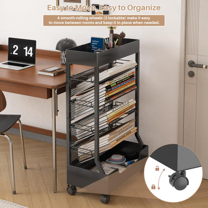 Ornestia Metal Book Trolley, Mobile Storage Bookcase with WheelsBlack