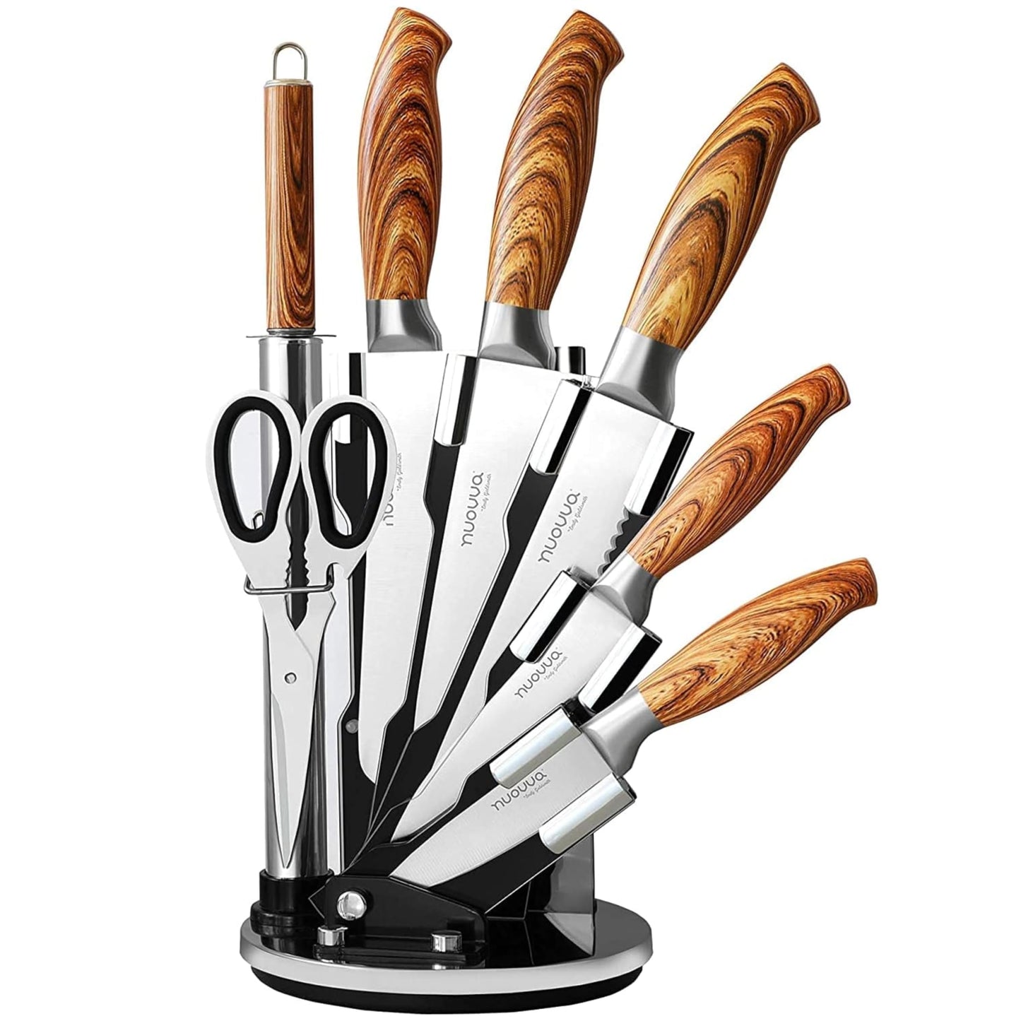 Nuovva Sharp Kitchen Knife Set ? 7Pcs Stainless Steel Blades with Wooden Style Handles ? 360? Rotating Acrylic Knives Block Set with Sharpener ? Chef,