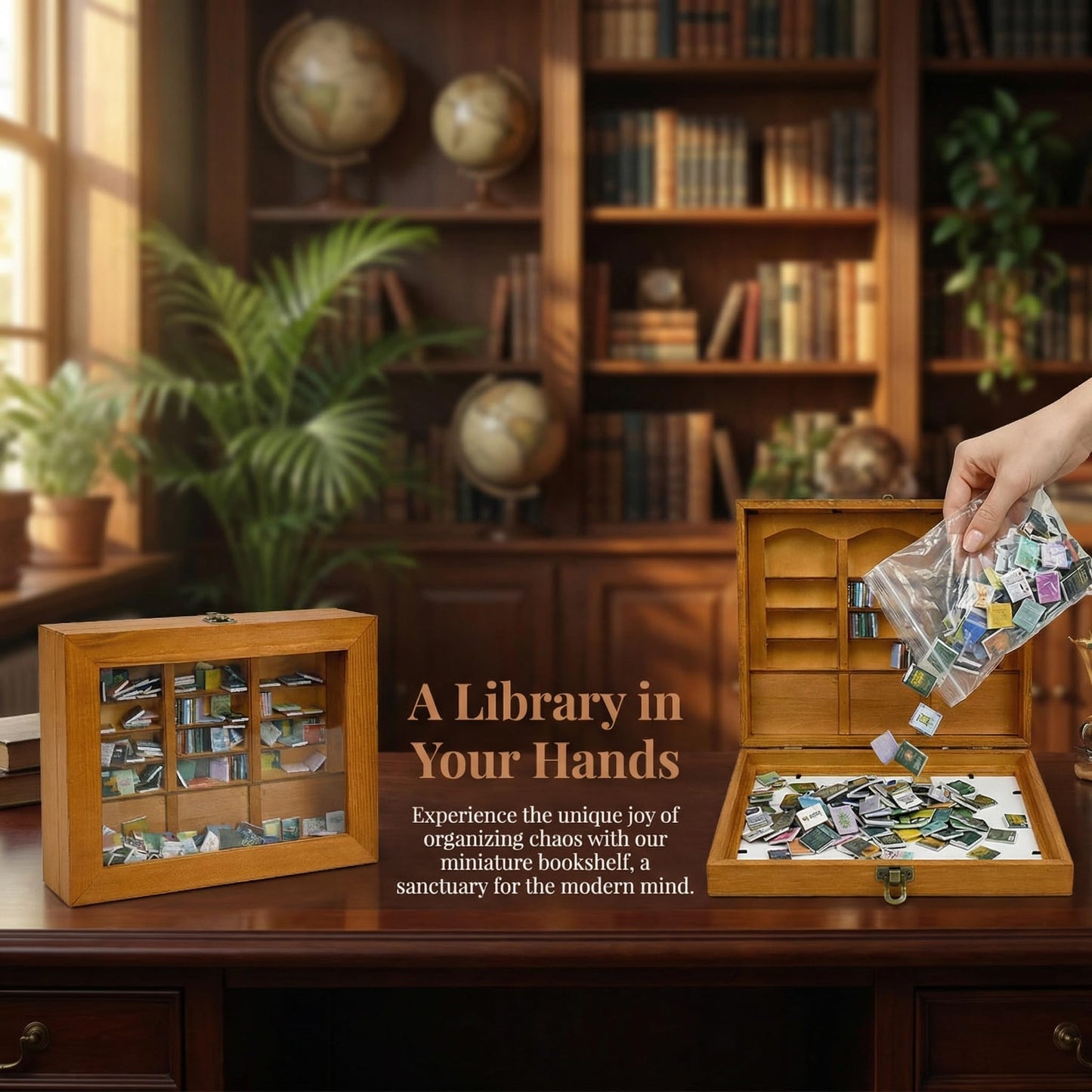 Vurixfo Anxiety Bookshelf, Wood Mini Bookshelf with 200 Pcs Mini Brands Books Shake Away Your Anxiety Miniature Book Display Shelf Stress Relief