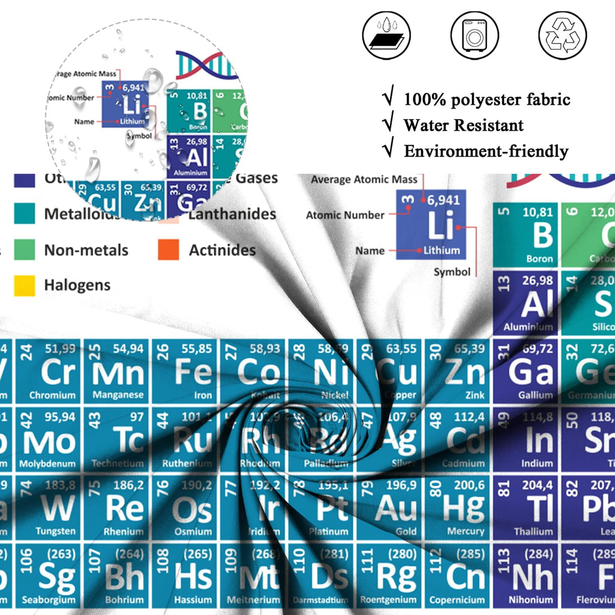 ASDCXZ Periodic Table Shower Curtain 180x200 cm, Bathroom Washable Shower Curtains