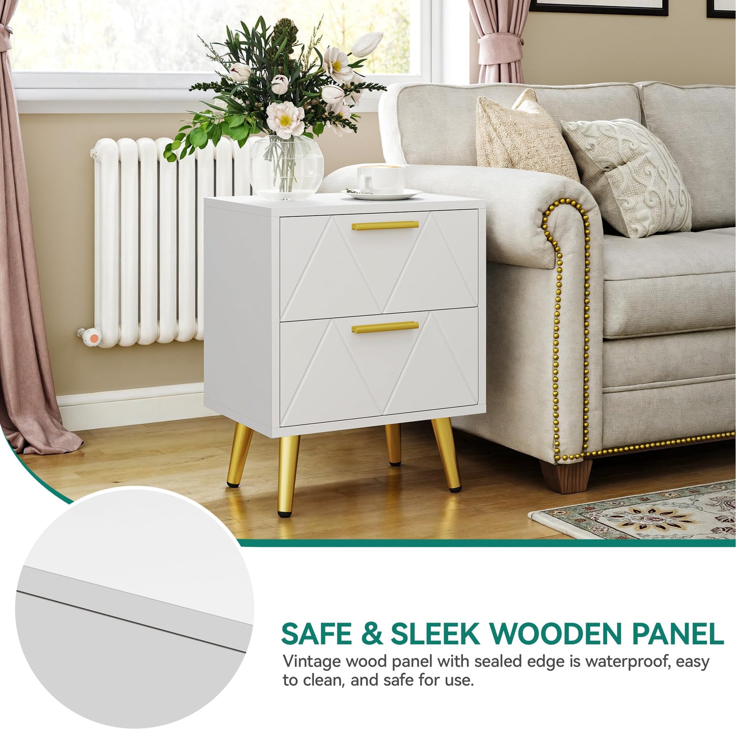 YITAHOME 2-Drawer Bedside Table Set of 2, Small Bedside Storage White