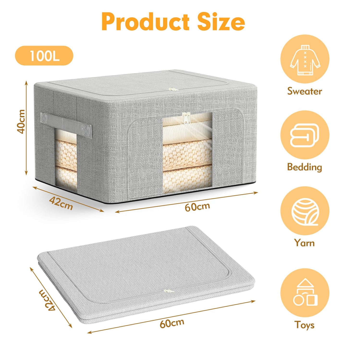 AIOR 3PCS 100L Clothes Storage Bags with Metal Frame, Foldable Fabric Storage Boxes with Clear Windows for Blankets Bedding Comforters