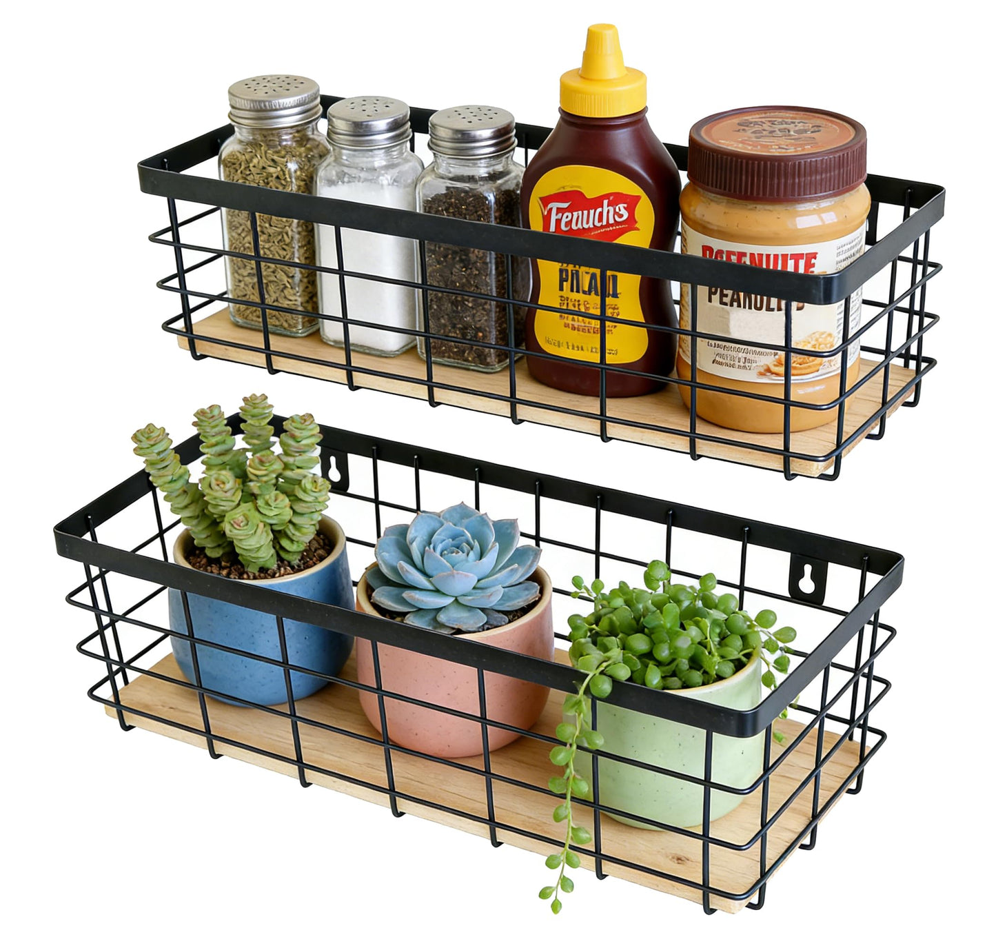 ShabbyDecor Metal Wire Basket Detachable Wood Base Storage Organizer Farmhouse Bin for Kitchen Cabinets, Bathroom, Pantry, Laundry Room